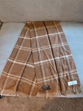 Vintage The Denver Camel Hair Plaid Scarf Made West Germany Tan Brown Fringe